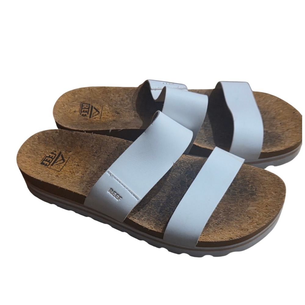 Reef Cushion Vista White Double Strap Slide Sandals Arch Support Ecocore Woven 8